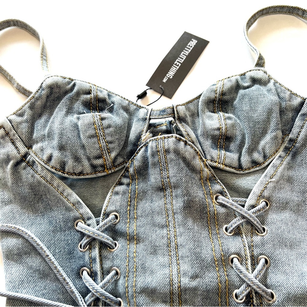 NWT Denim Lace Up Cutout Corset Jean Top - Picture 9 of 13